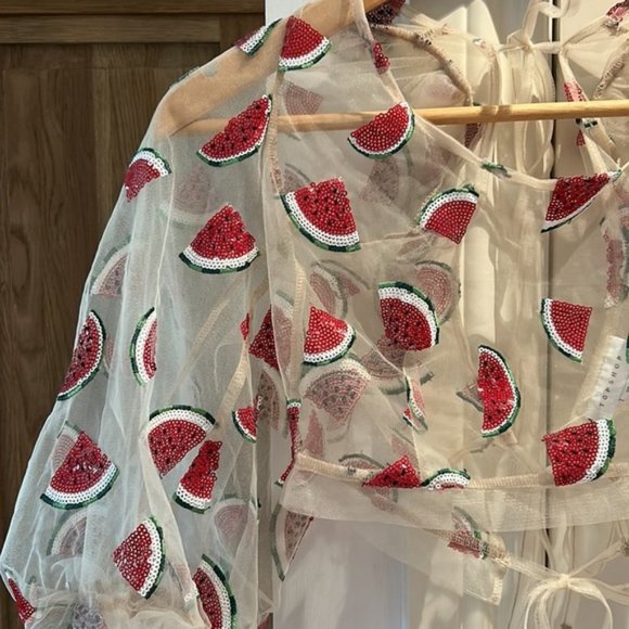 TOPSHOP women’s watermelon print sequins sheer top US 4 - Picture 5 of 9